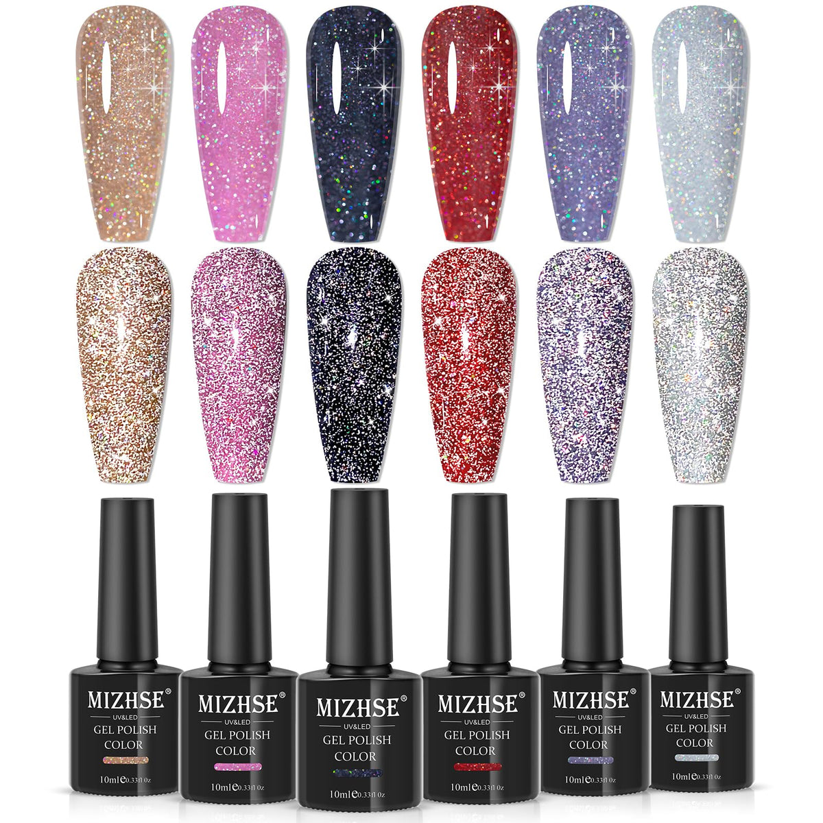 Vernis gel MIZHSE Glitter reflets arc-en-ciel pour des ongles spectaculaires sous lumière naturelle.