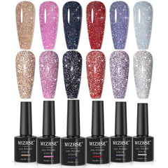 Vernis gel MIZHSE Glitter reflets arc-en-ciel pour des ongles spectaculaires sous lumière naturelle.