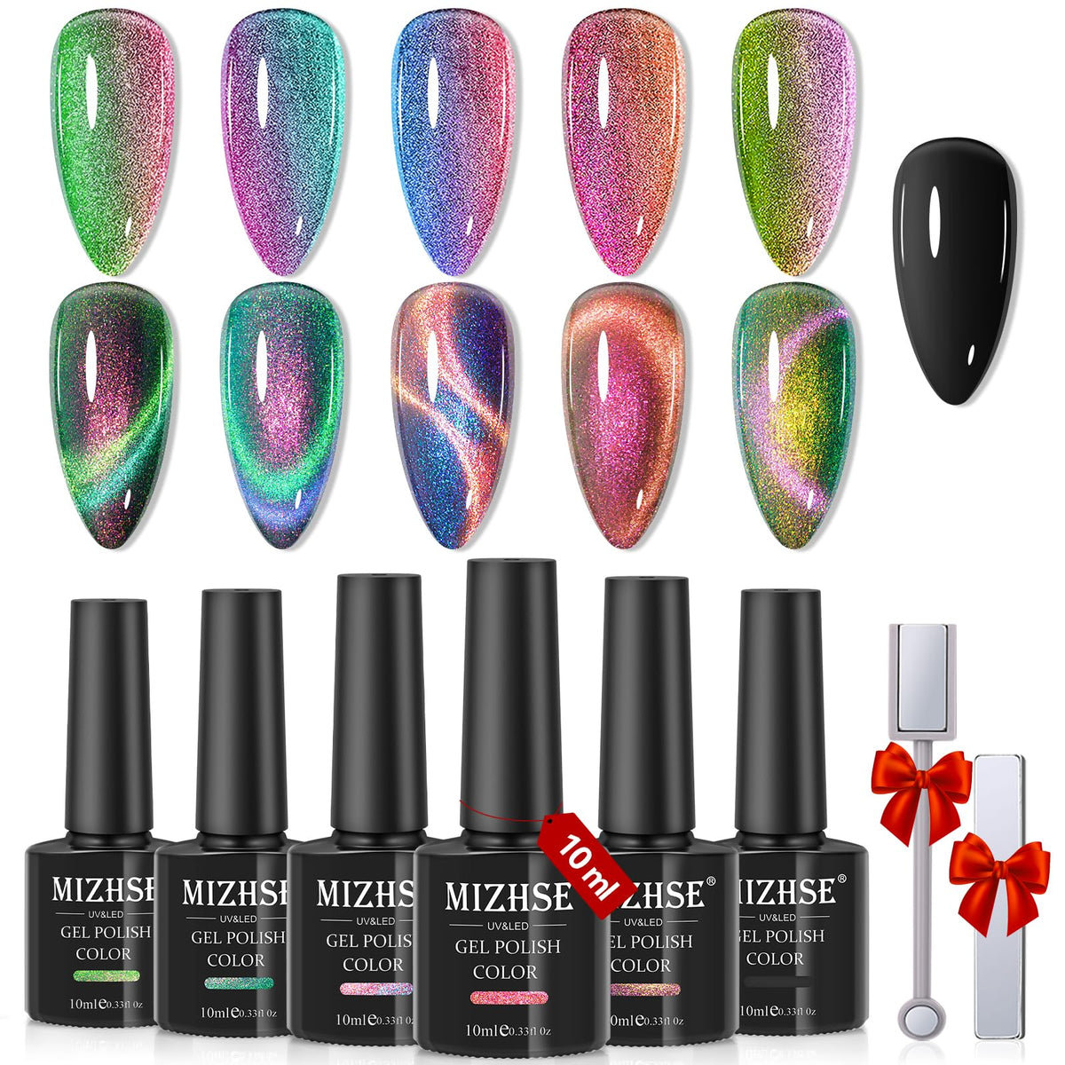 MIZHSE vernis gel œil de chat, bouchon noir, rendu glamour durable.