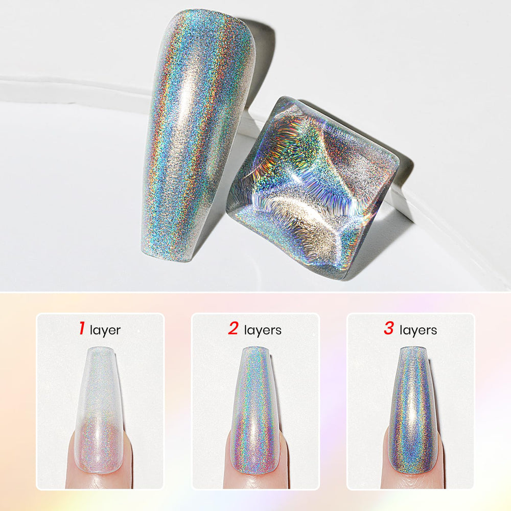 MIZHSE effet irisé argenté sous lumière, reflets lumineux sur les ongles
