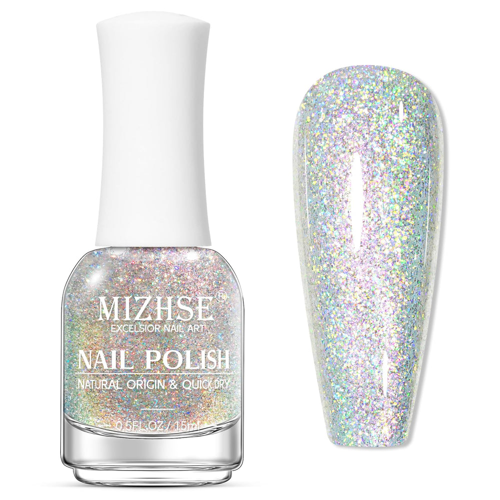 Vernis MIZHSE paillettes arc-en-ciel, bouteille claire et pigment riche pour une brillance immédiate.