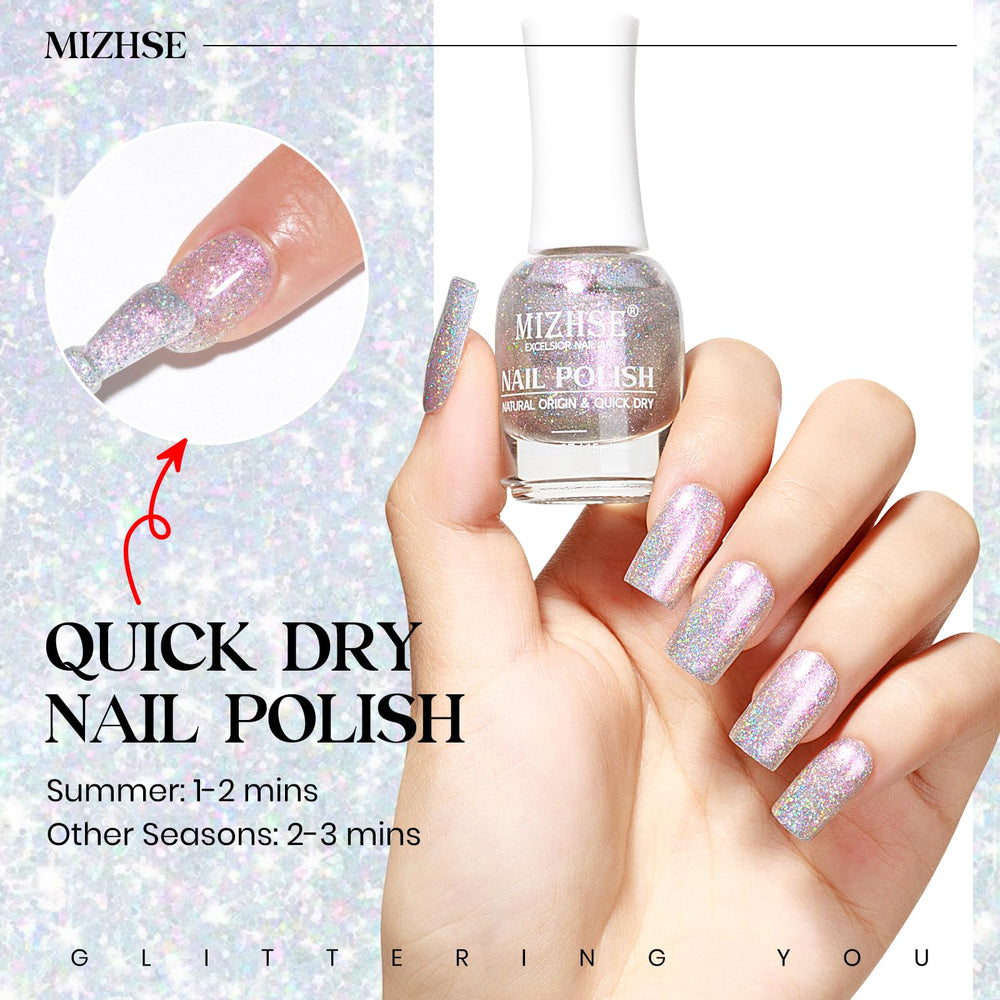 Durabilité prolongée et éclat, vernis MIZHSE à paillettes arc-en-ciel.