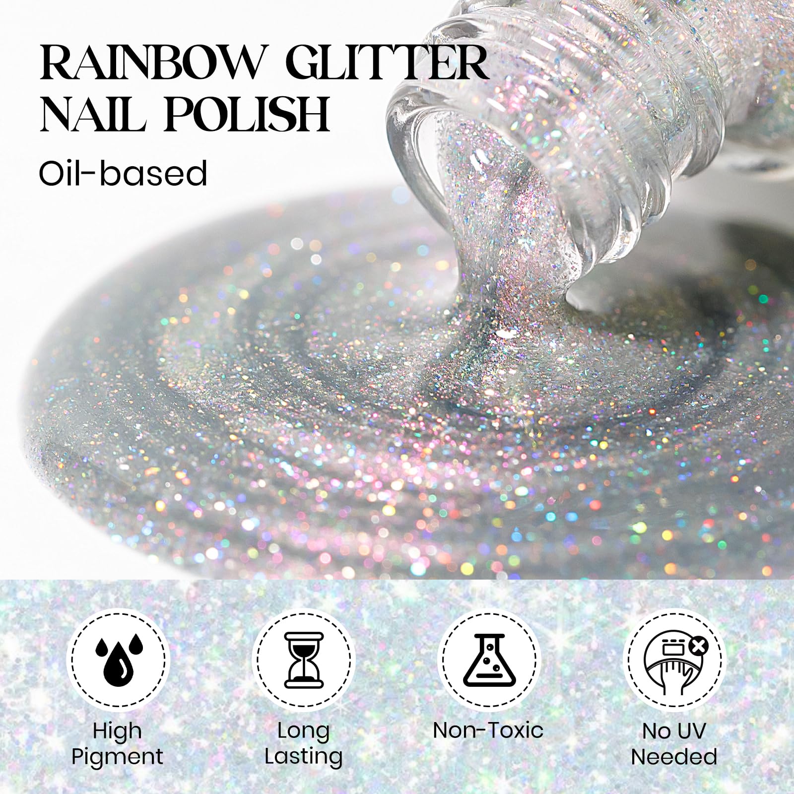 Ongles brillants arc-en-ciel avec MIZHSE, effet paillettes durable et lumineux.
