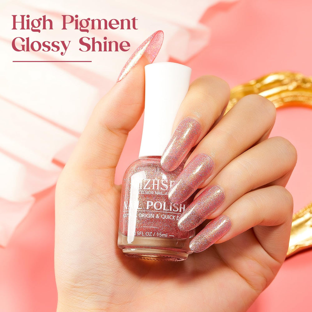 Ongles brillants avec le vernis rose pailleté MIZHSE.