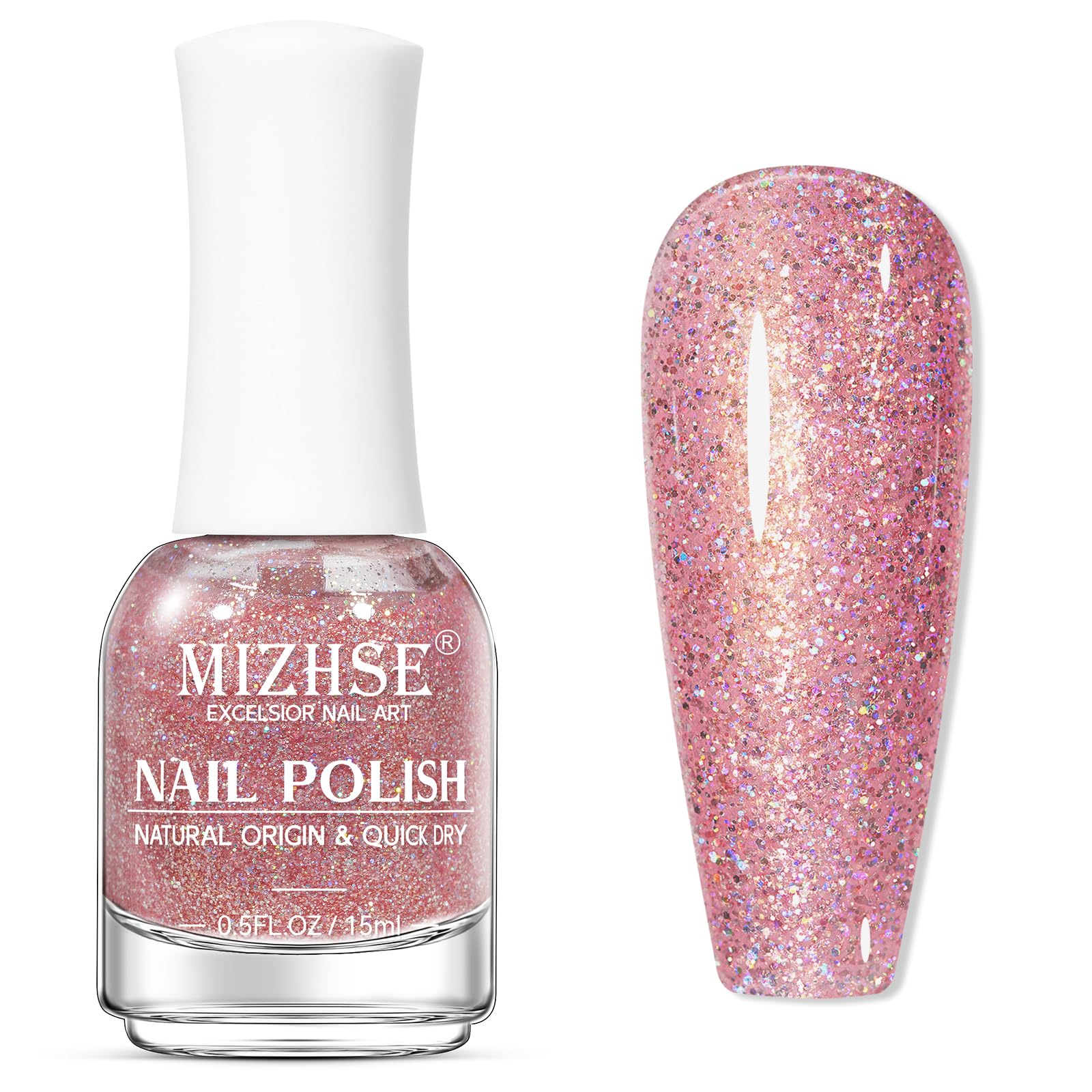 Vernis MIZHSE rose pailleté, séchage rapide pour une manucure éclatante.
