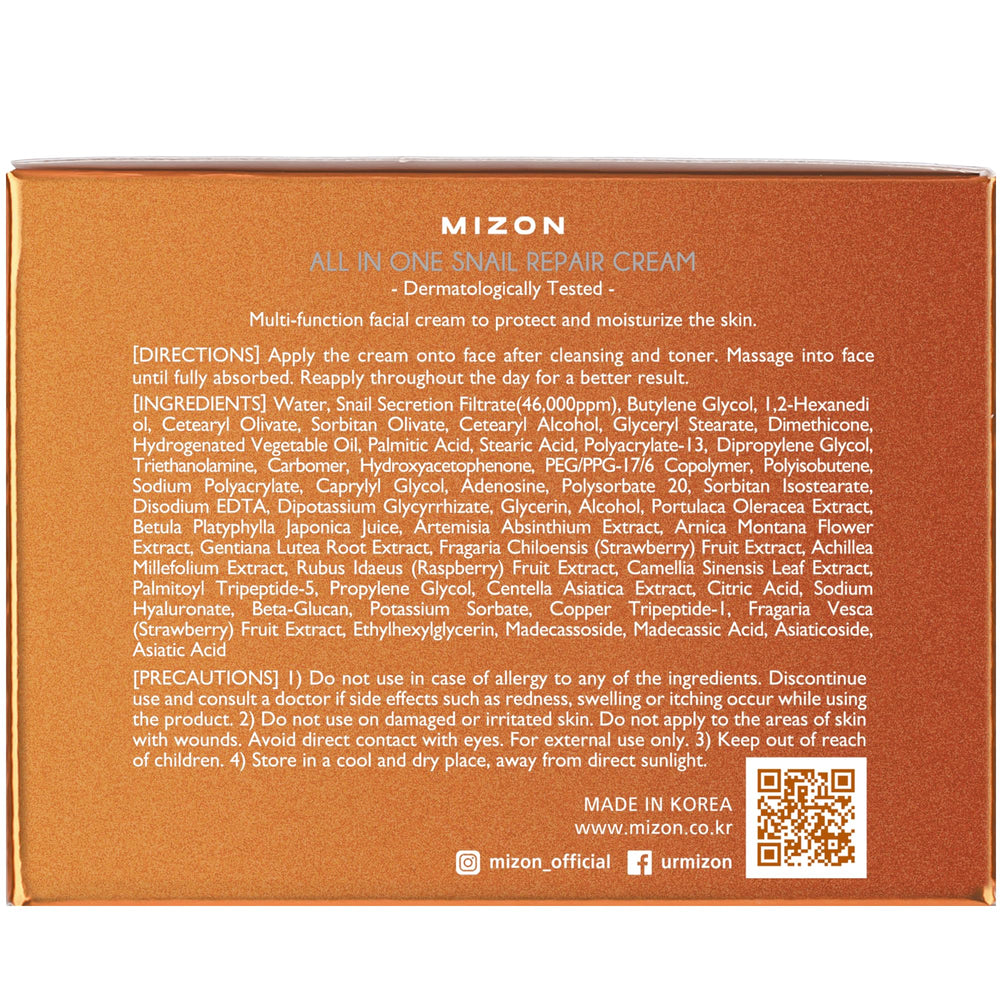 Étiquette et packaging clairs du produit MIZON AllinOne Snail Repair Cream.