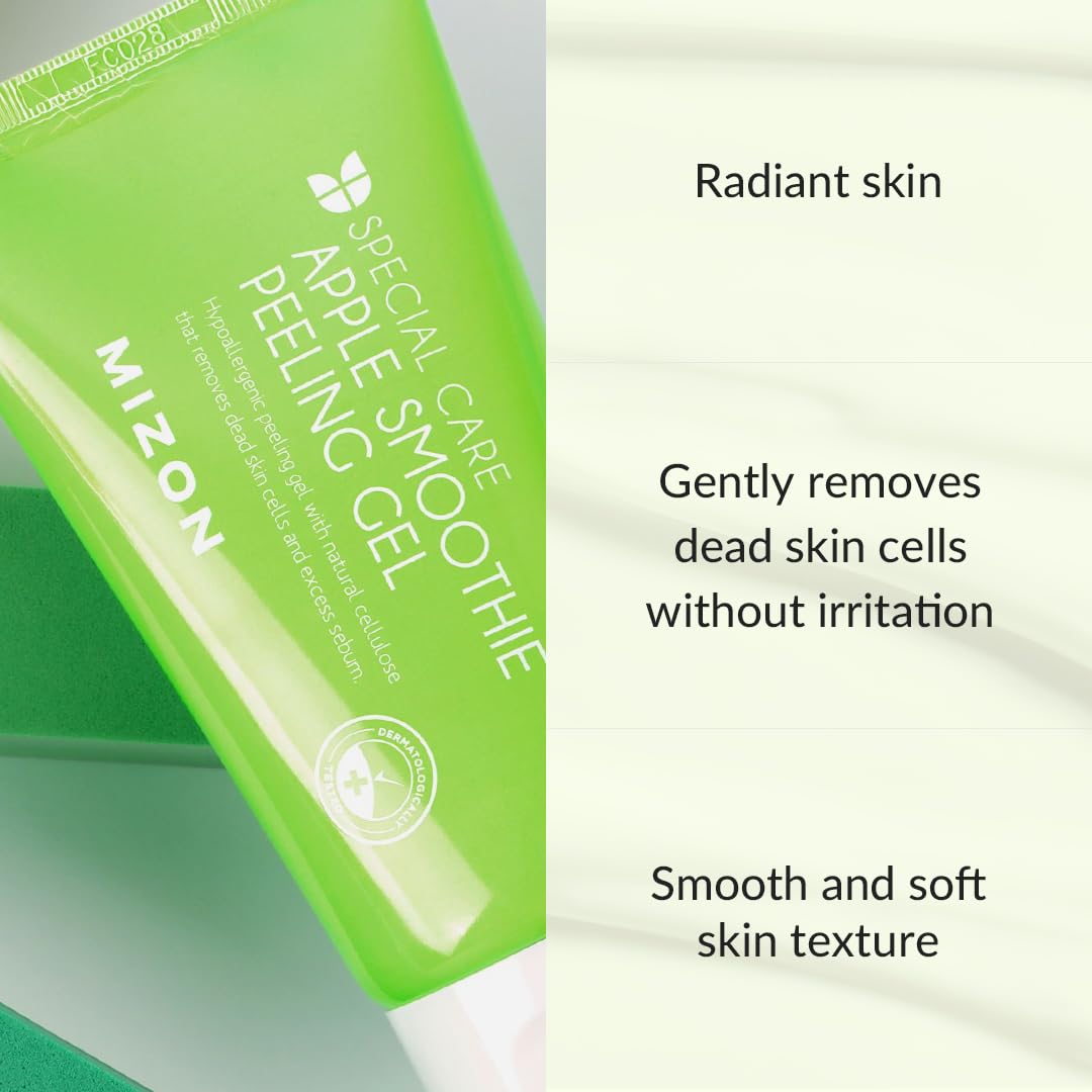 MIZON open tube with gel texture visible, demonstrates smooth, non-abrasive peeling action benefit