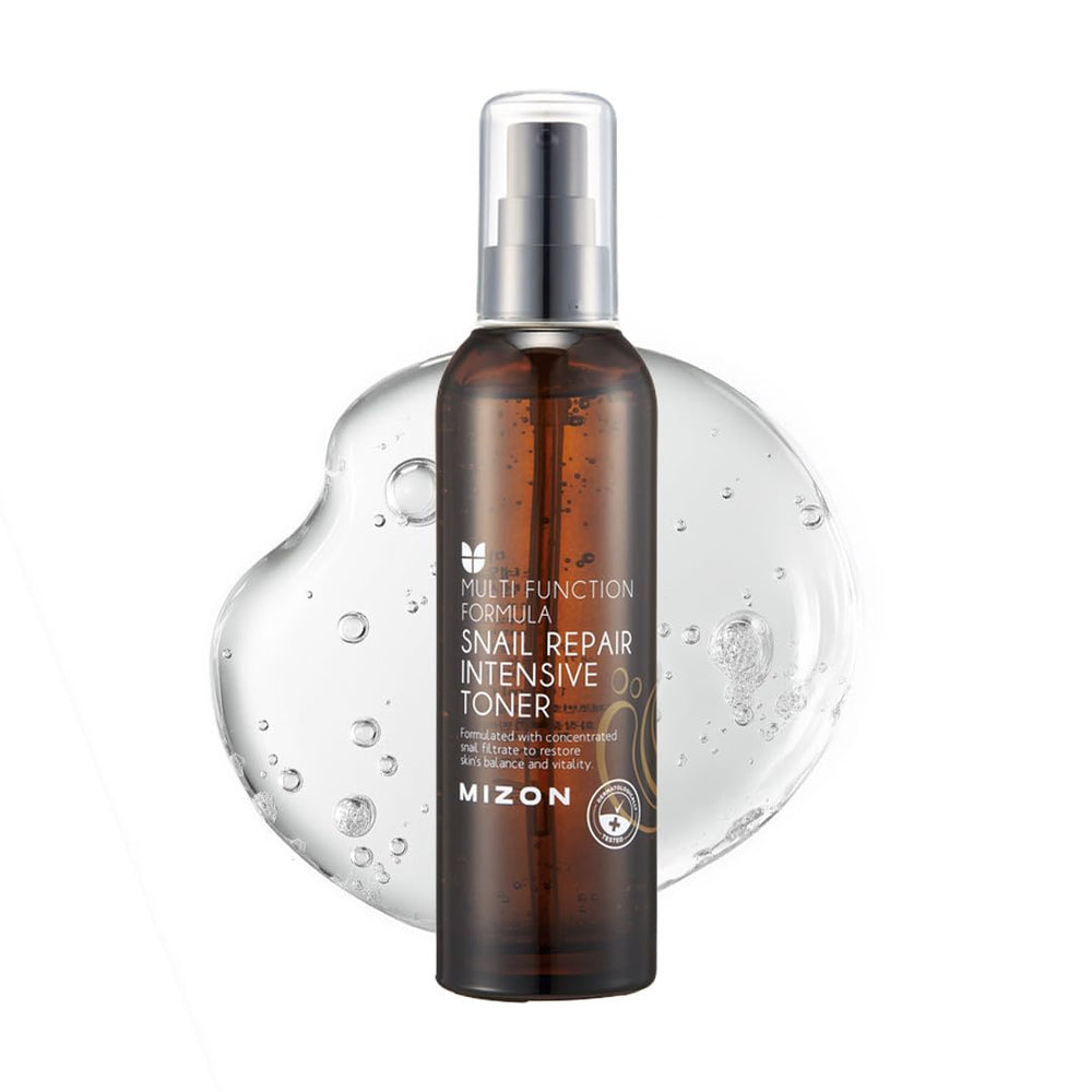 Bouteille tonique MIZON Snail Mucin montrant texture légère hydratante.