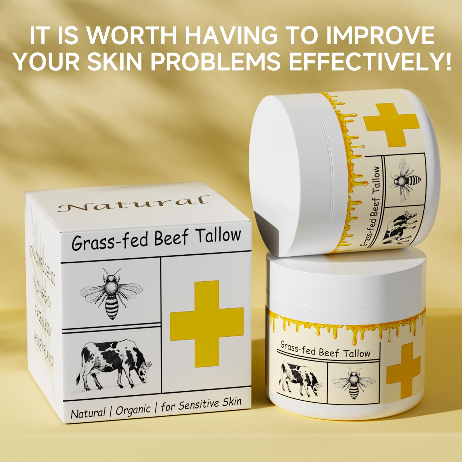 Mkzea crème tallow miel pour le visage, texture riche et revitalisante.