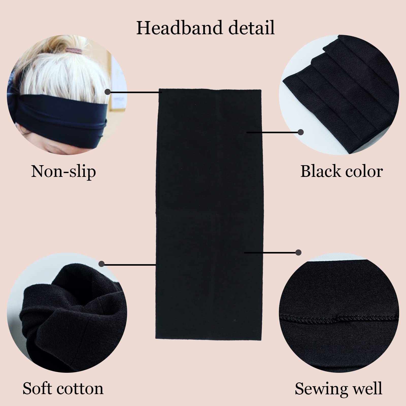 Bandeau MLMOMVME noir en coton pour cheveux longs; convient aux cheveux épais et fins.