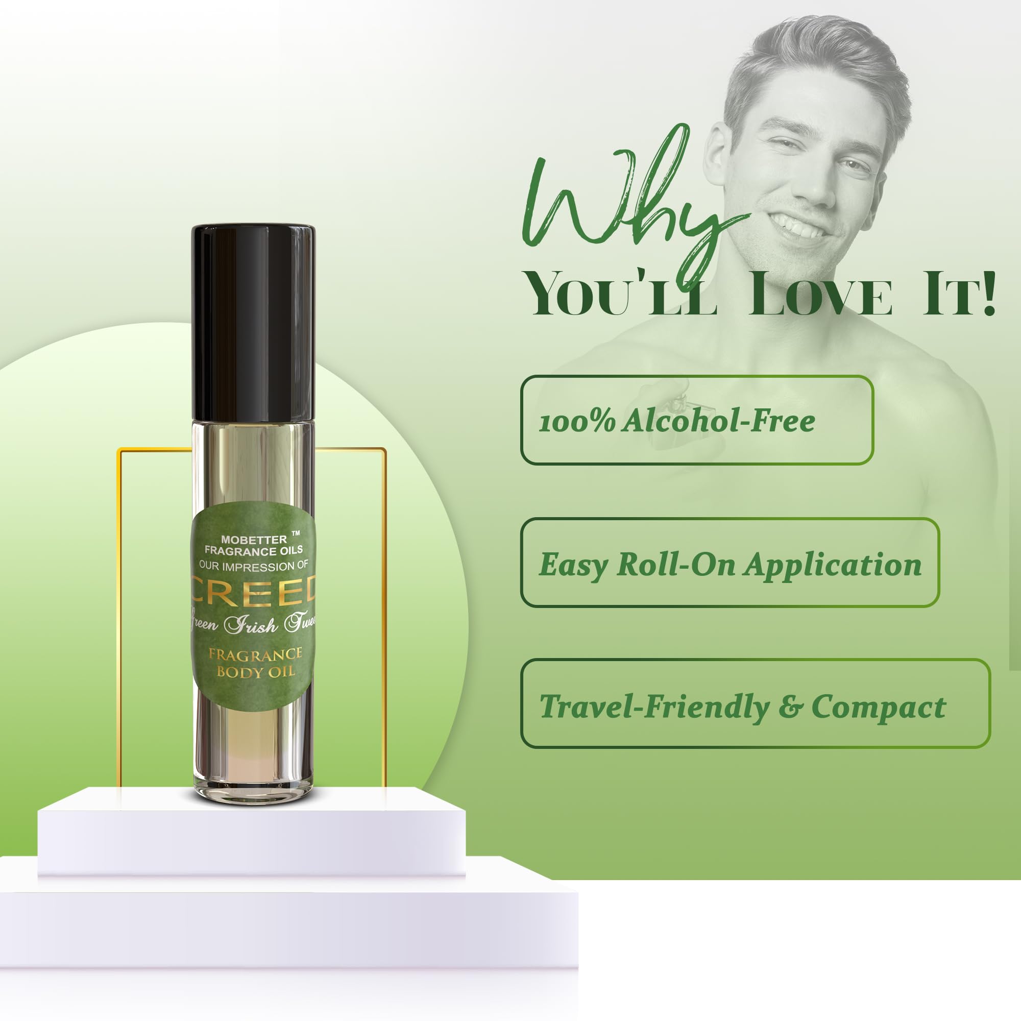 Format sac à main MOBETTER FRAGRANCE OILS, impression Creed, retouches en déplacement.