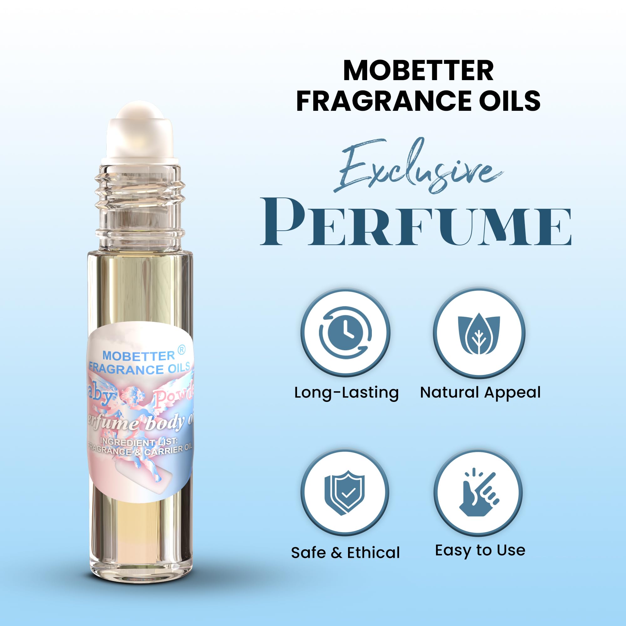 MOBETTER huile parfumée Poudre Bébé – emballage minimaliste et moderne.