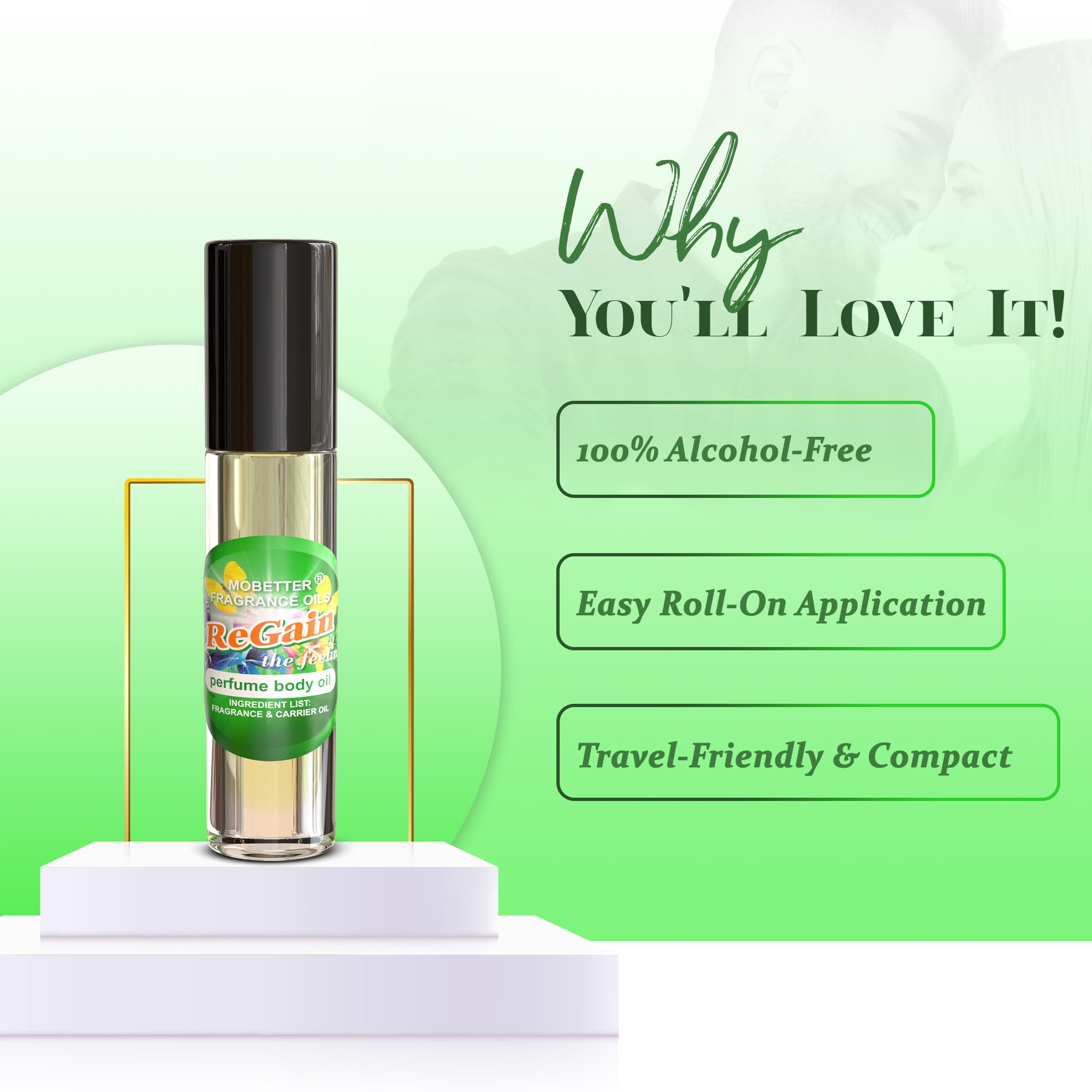 MOBETTER ReGain The Feeling oil droplets emphasize purity and fragrance delivery.