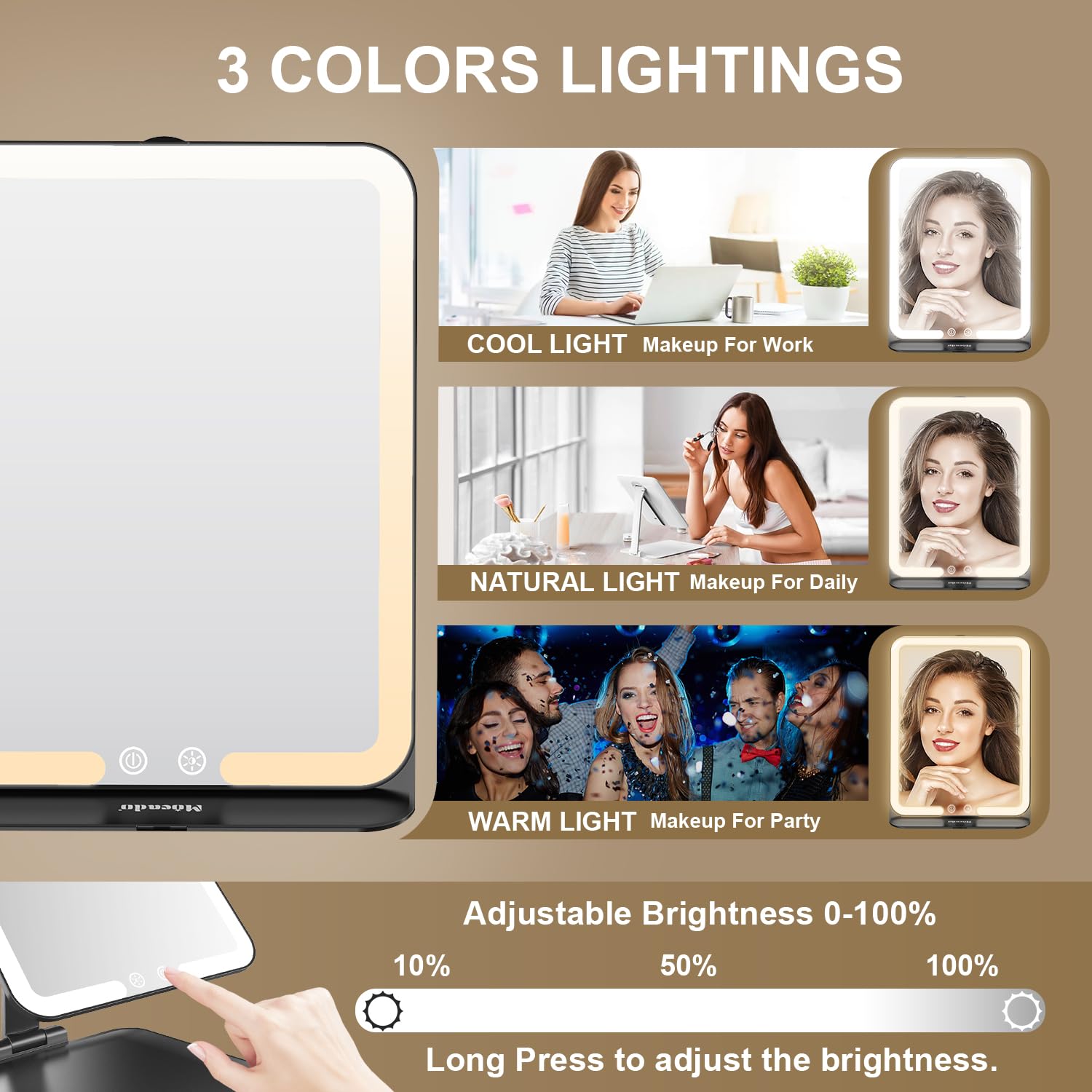 Mocado miroir rechargeable avec câble Type-C pour recharge pratique.