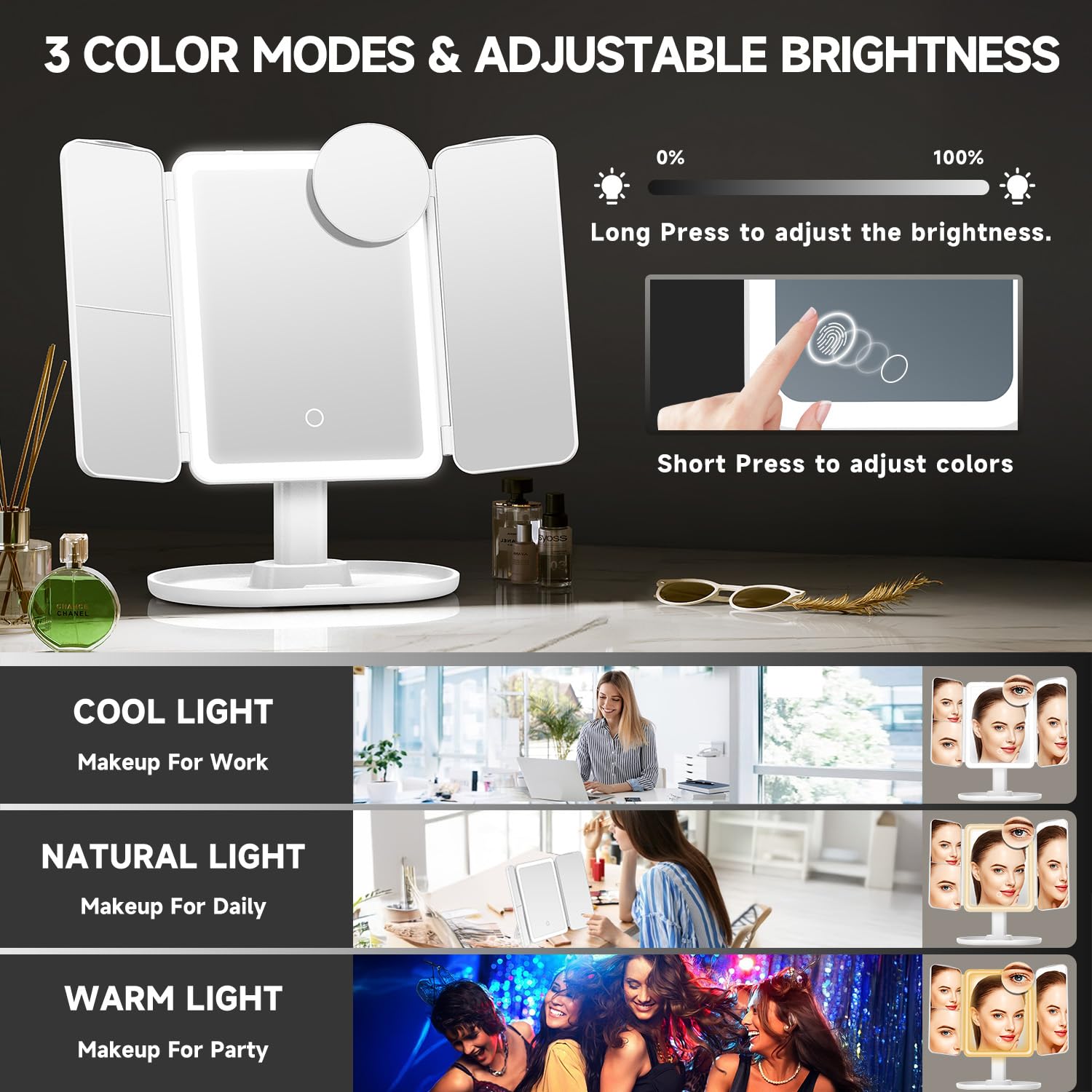 Mocado miroir avec modes lumineux triple pour différentes ambiances