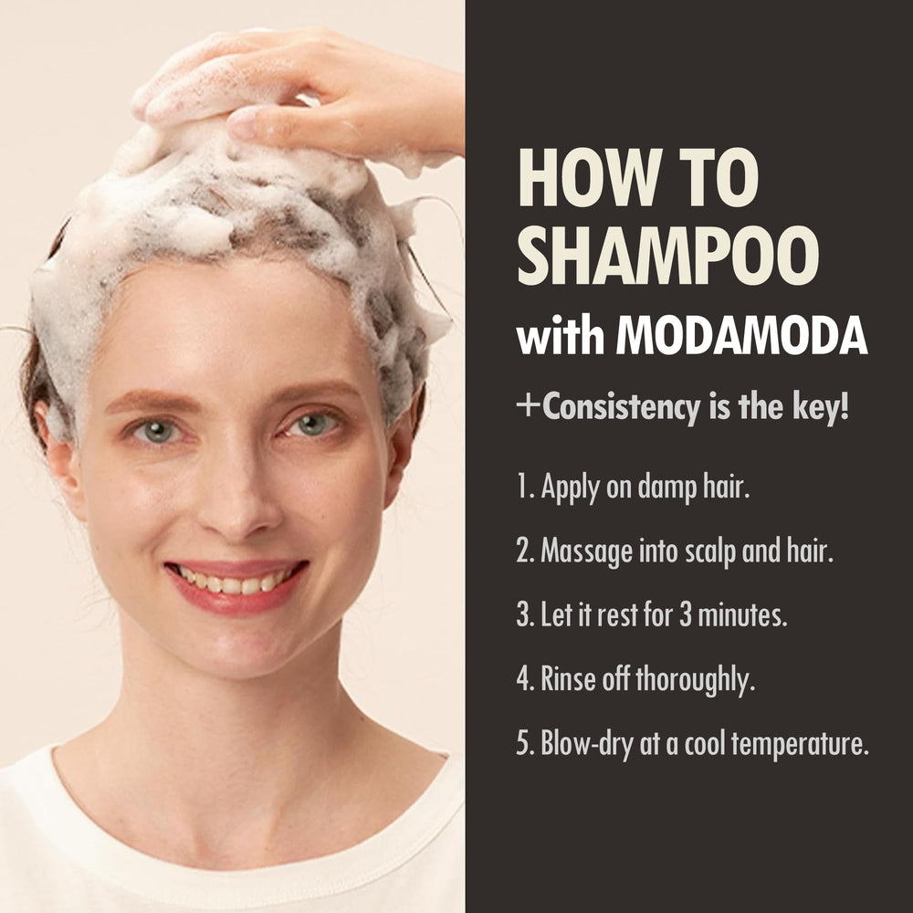 MODA MODA Zero Gray Black Shampoo — soin du cuir chevelu quotidien sans silicones ni sulfates.