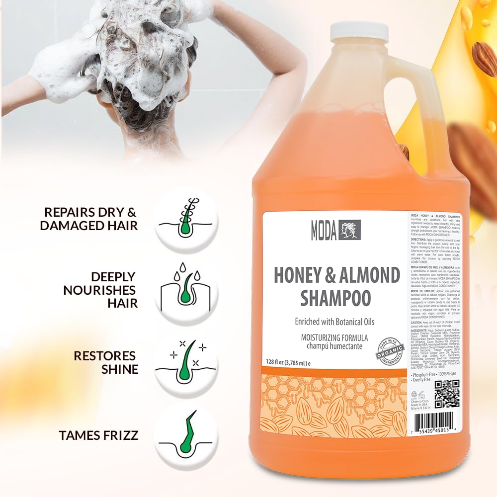 Étiquette MODA Shampooing Miel Amande, produit professionnel polyvalent.