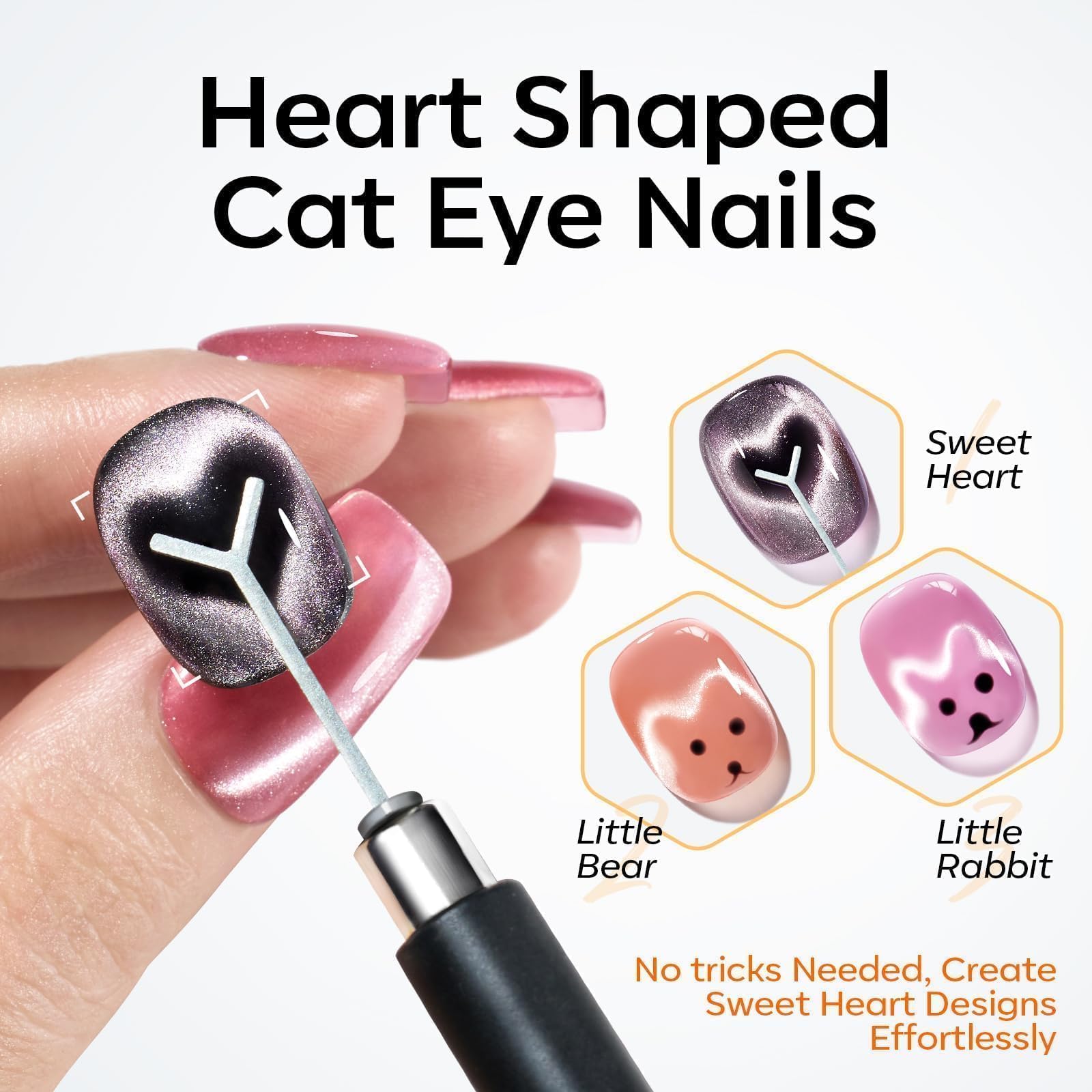 Modelones aimant cœur sur ongles, motifs romantiques et brillants.