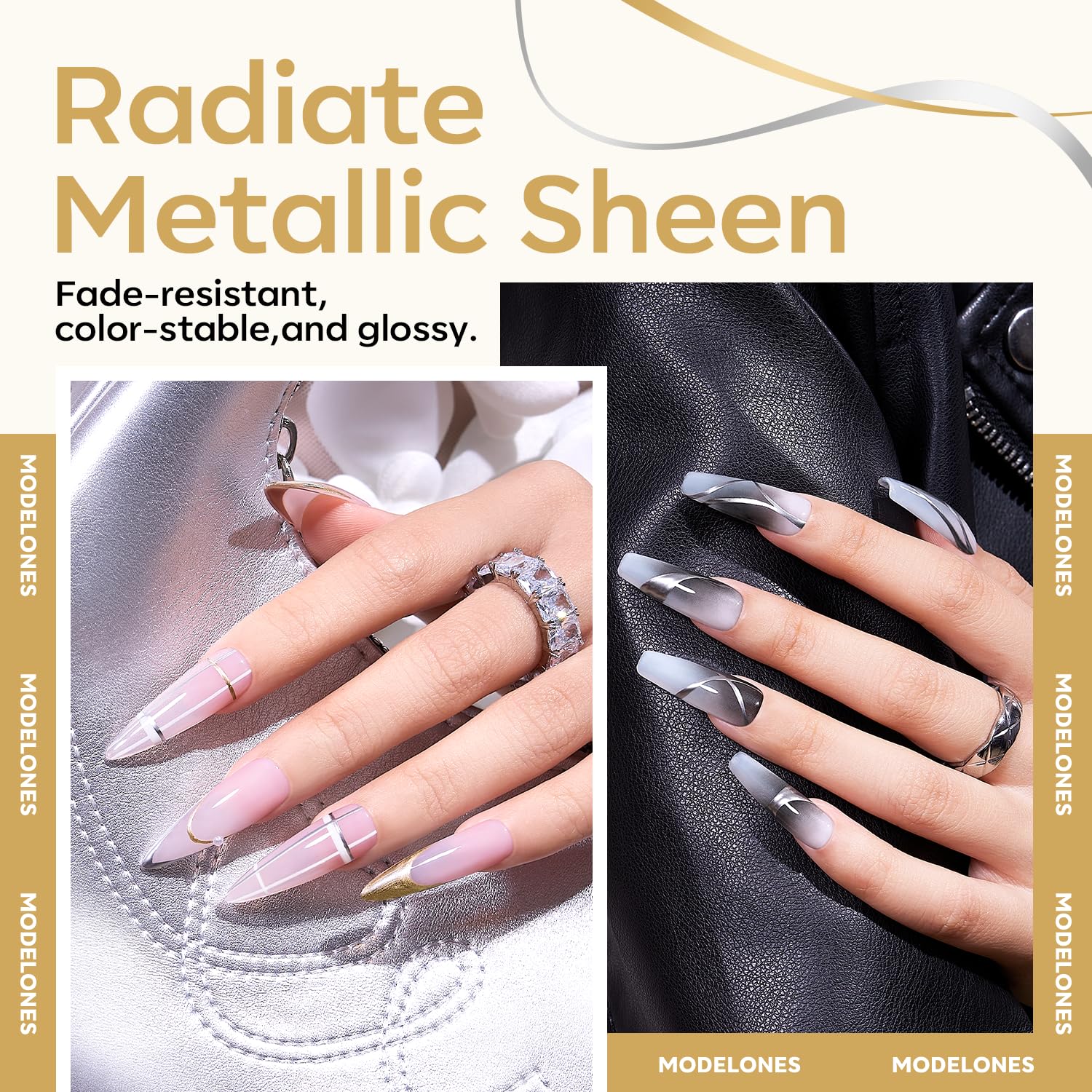 Modelones argent metallique, liner gel, rendu miroir pour un look chic