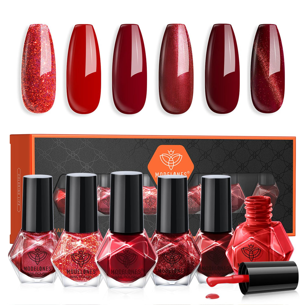 Modelones vernis rouge: bouteilles en affichage élégant pour une manucure à domicile parfaite.