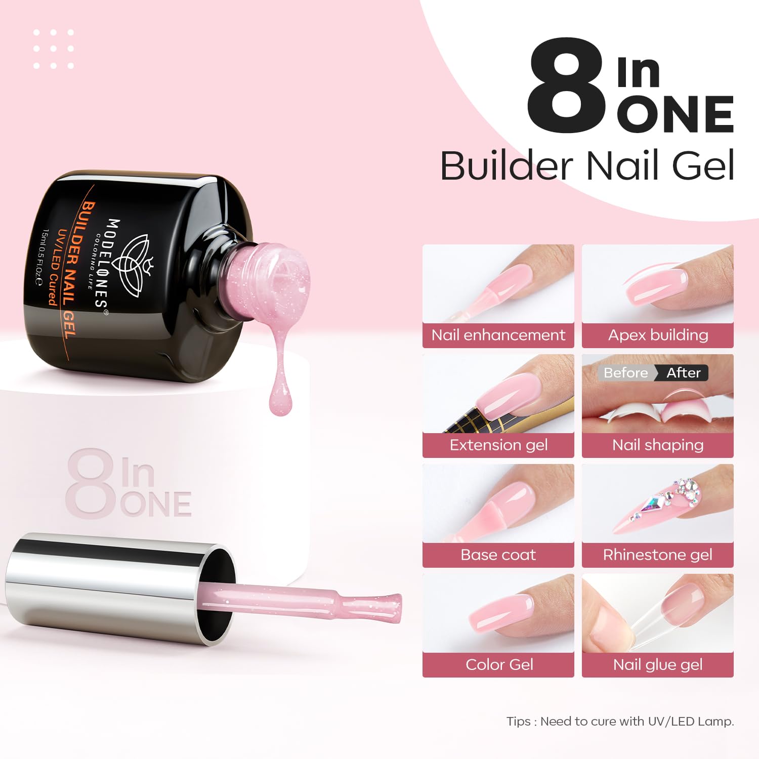 Modelones gel swatch shows nude pink color with rainbow iridescent shimmer.