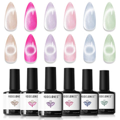 Modelones vernis gel effet oeil de chat, palette à 6 couleurs scintillantes.