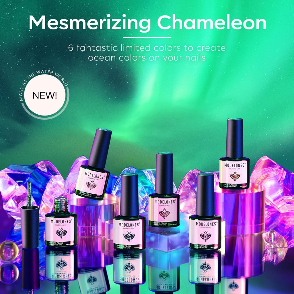 Modelones Chameleon Gel bleu pailleté effet aurora pour manucure maison