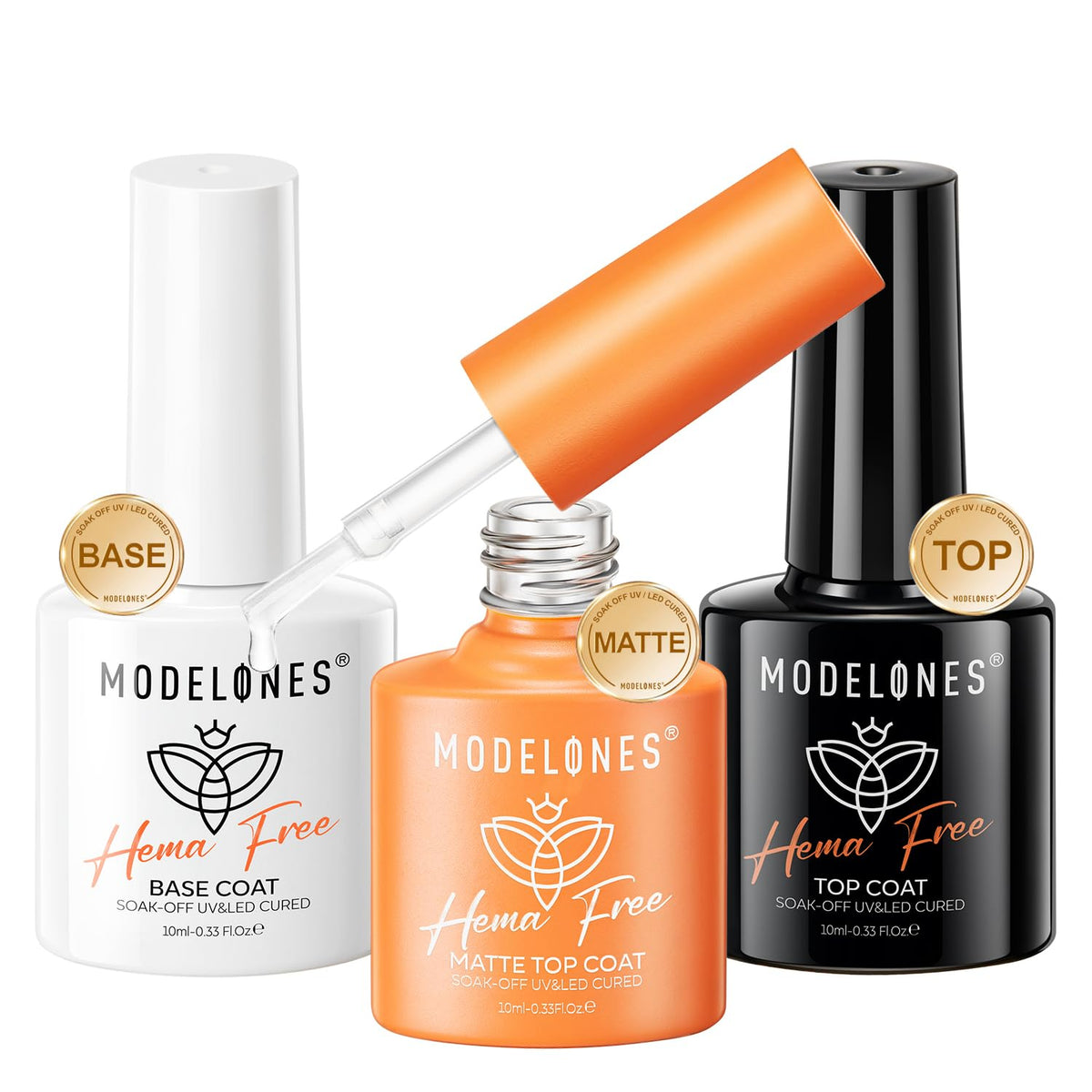 Coffret Modelones gel base et top coat 3 pièces pour une manucure à domicile.