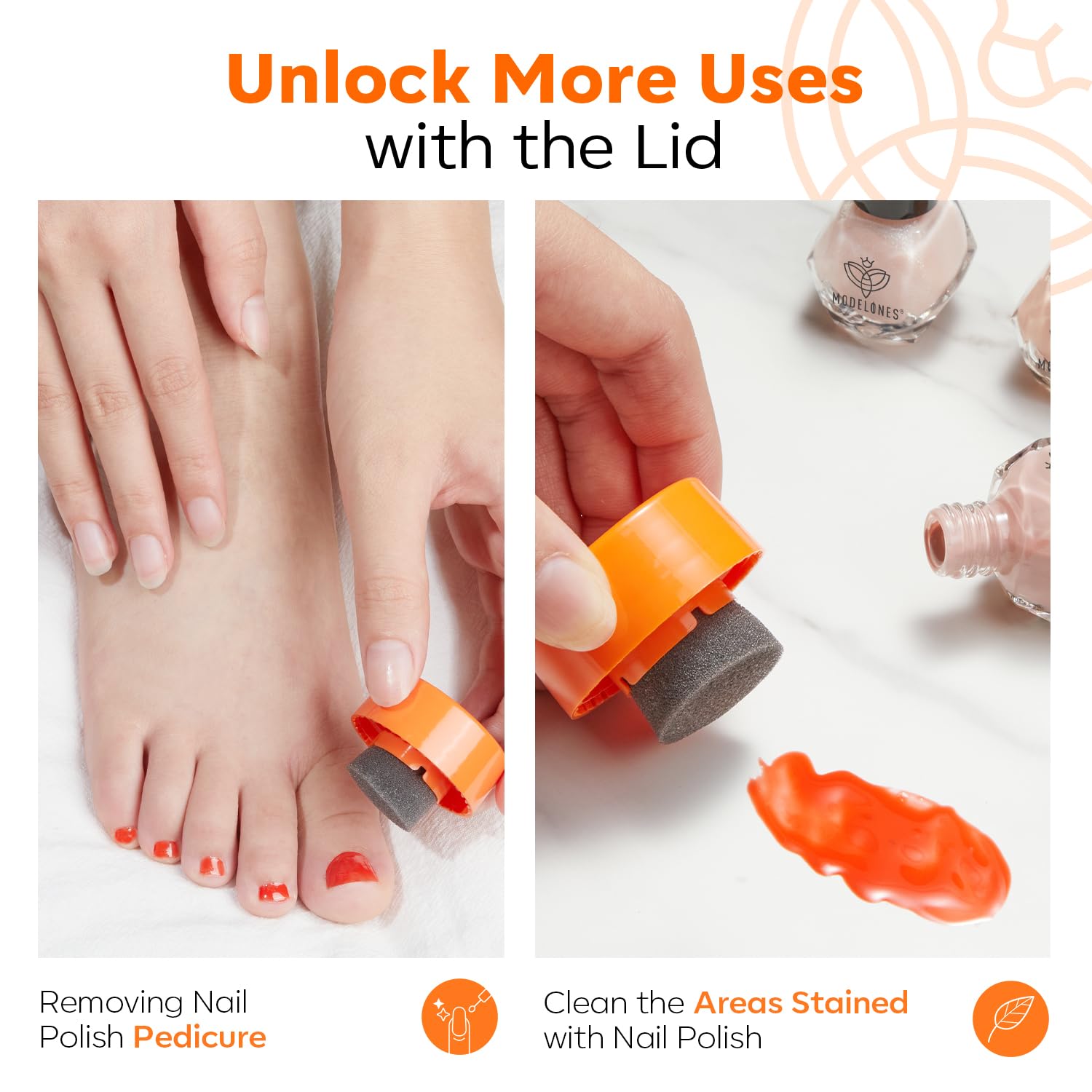 Modelones dual-sponge structure for efficient nail polish removal.