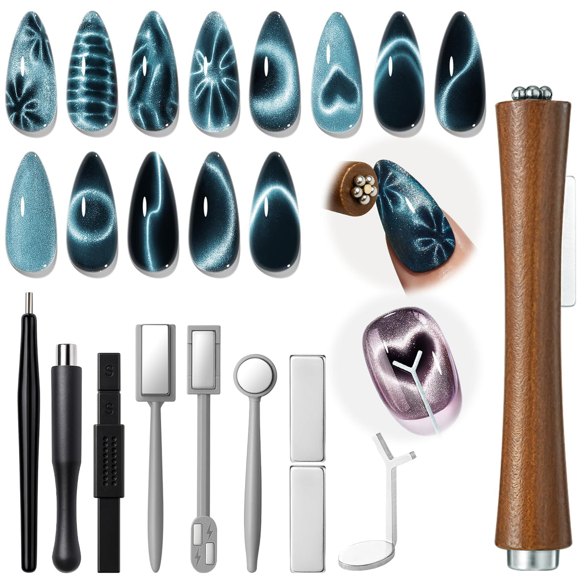 Ensemble Modelones Cat Eye pour ongles, motifs variés et rapides.
