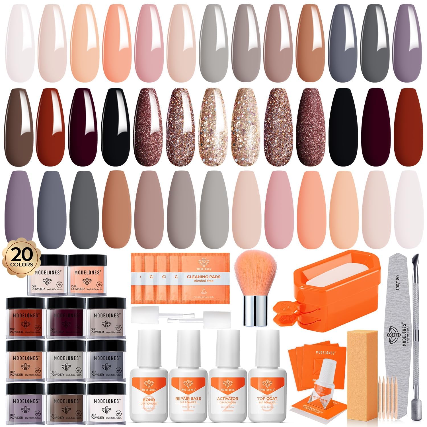 Modelones ensemble dip-poudre : 20 couleurs pour un nail art polyvalent et durable.