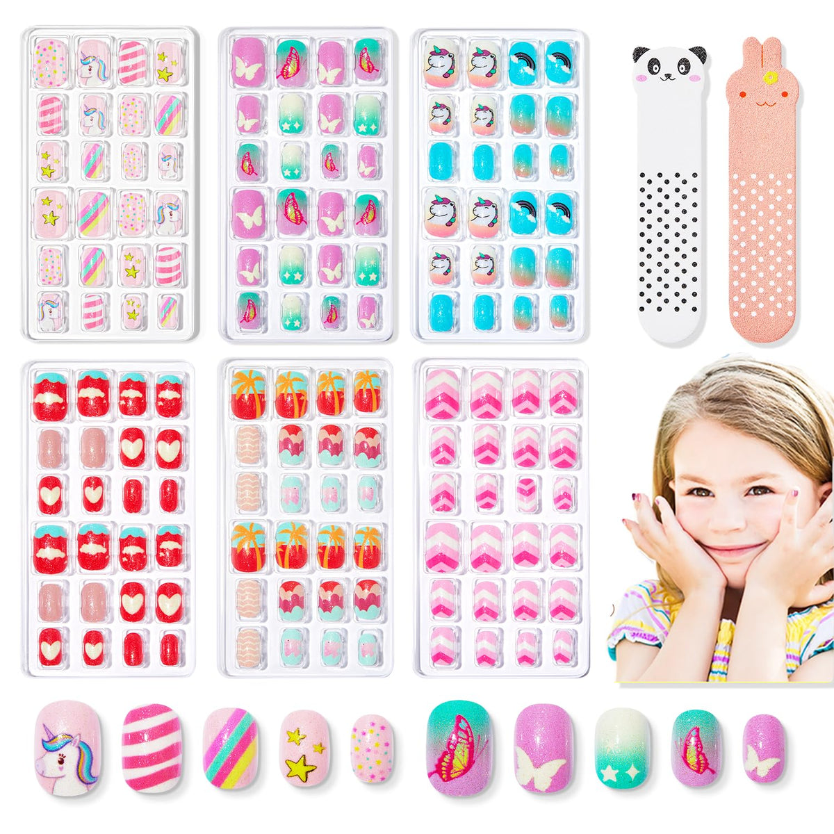 Modelones ensemble d’ongles enfants 144 pièces, prêt à coller pour des décorations rapides.