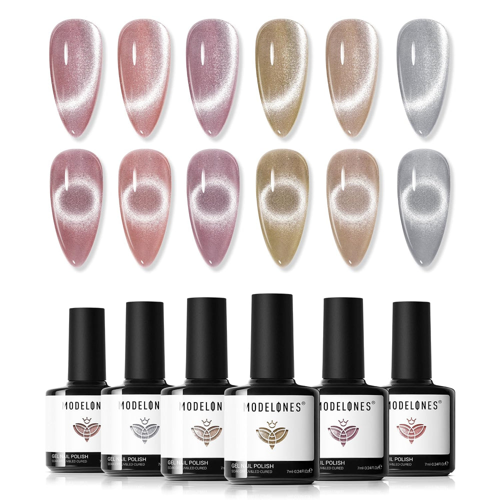 Modelones ensemble vernis gel 6 couleurs rose neutre avec effet œil de chat et aimant.