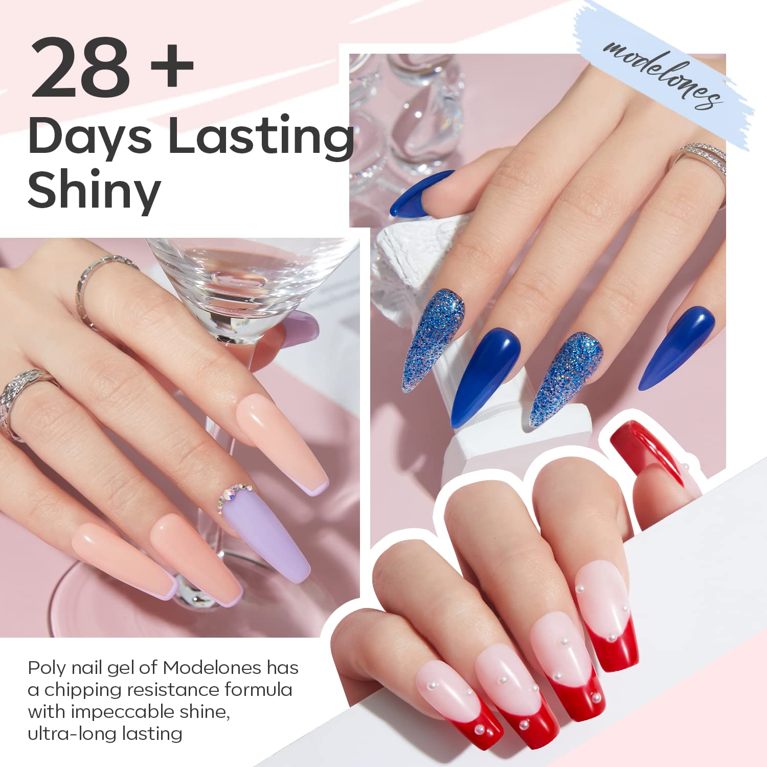 Modelones gel bleu glitter, effet glamour durable pour ongles résistants