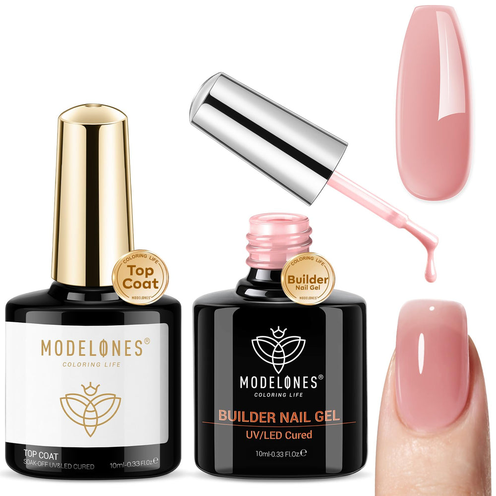 Modelones Gel Builder rose nude pour ongles fins et fragiles, protection renforcée.