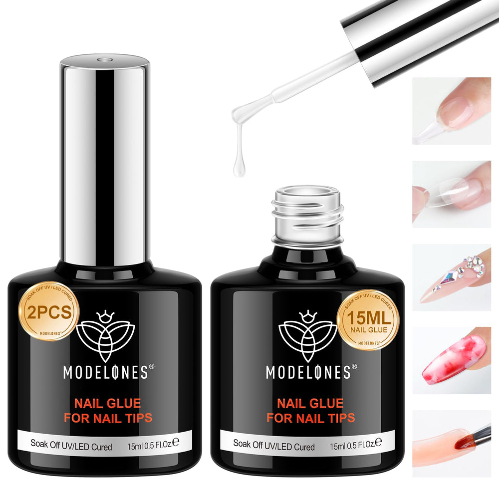 Modelones gel-colle-base-ongles-brosse pour une pose précise.