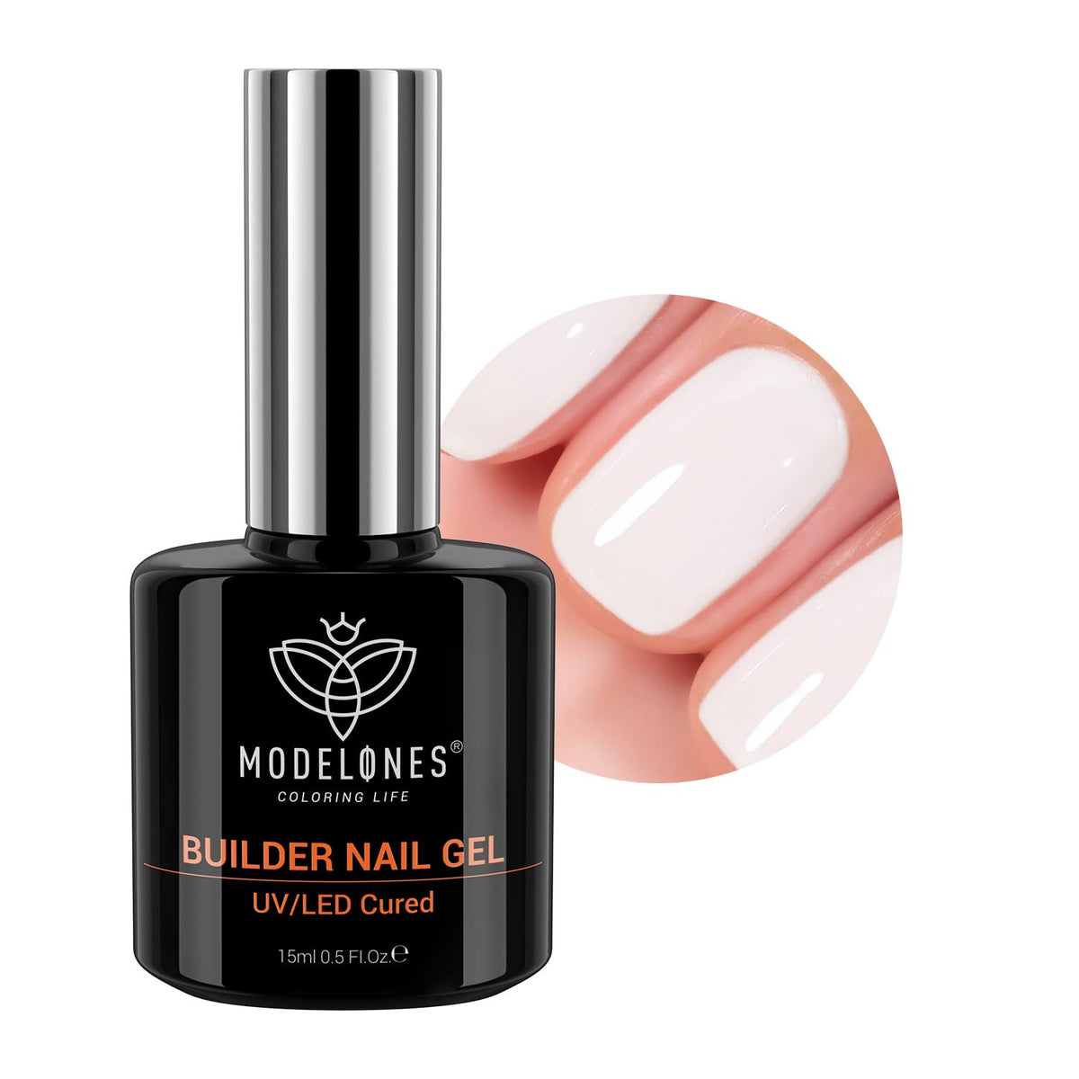 Modelones gel de construction Ongles Blanc Lait, flacon clair pour une base lisse et uniforme.