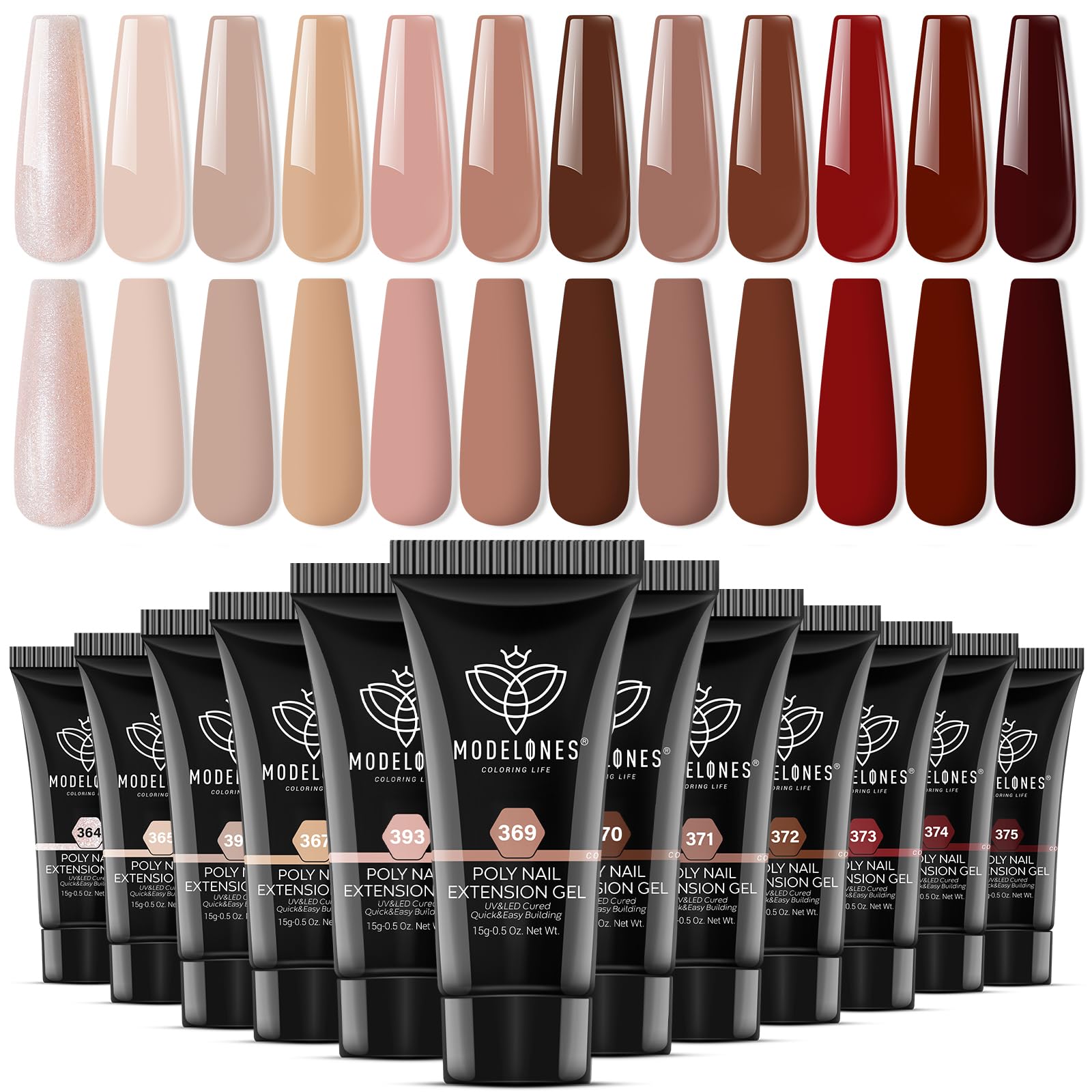 Modelones gel-extension ongles 12 couleurs, teintes automne-hiver sur ongles soignés.