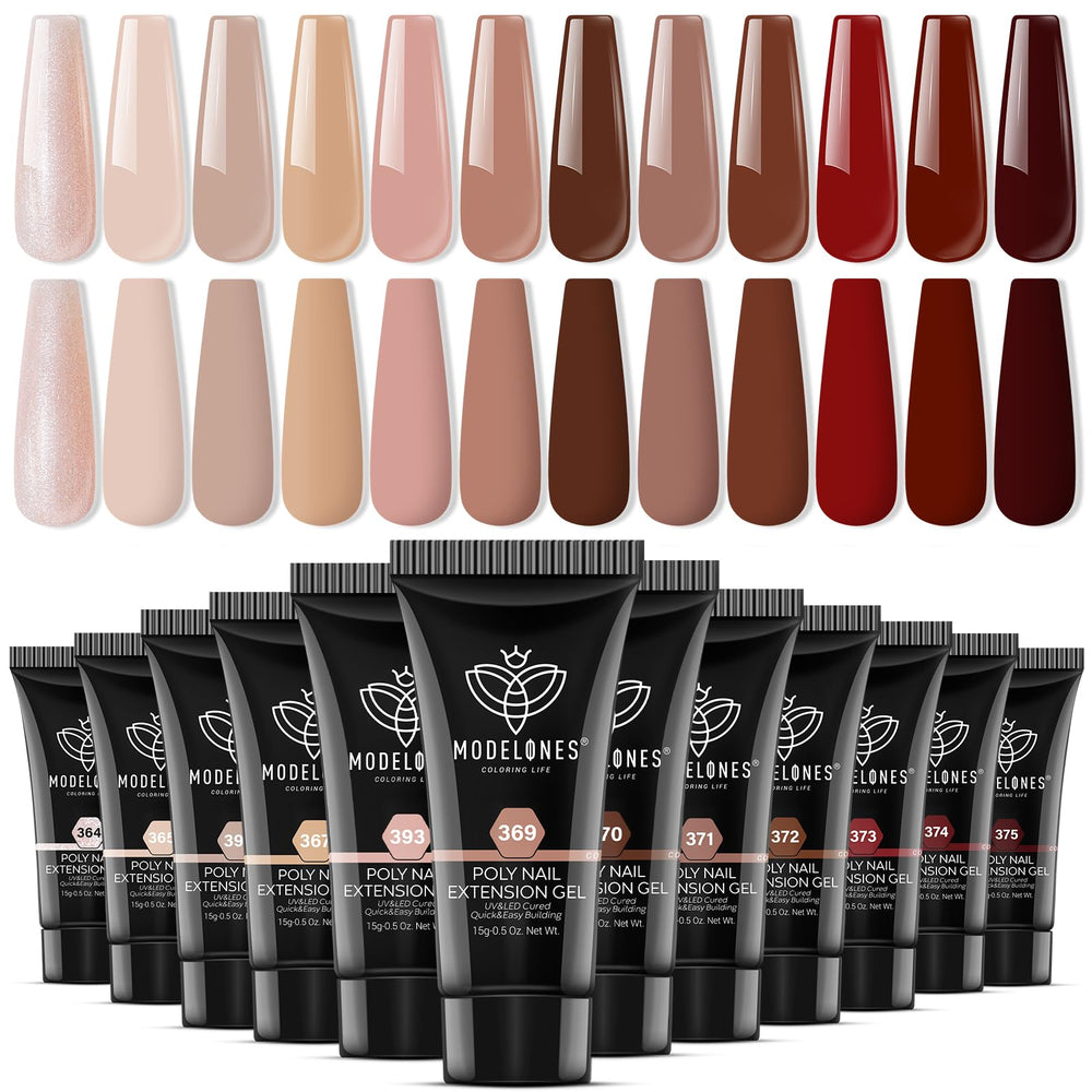 Modelones gel-extension ongles 12 couleurs, teintes automne-hiver sur ongles soignés.