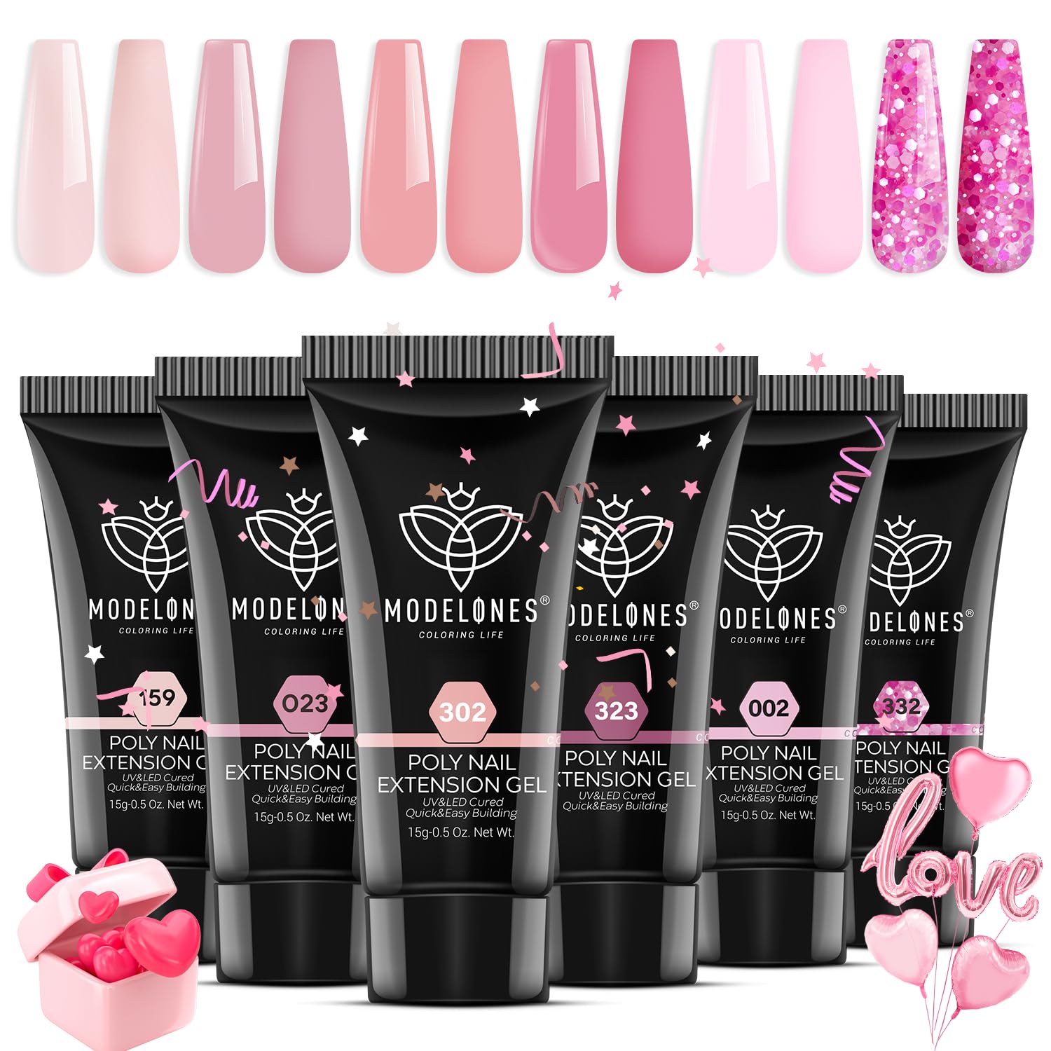 Modelones Gel Ongles Rose Confettis : ensemble polyvalent pour une manucure maison élégante.
