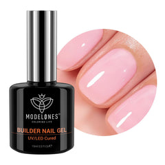 Modelones gel-renforcement rose en flacon prêt pour la manucure à domicile.