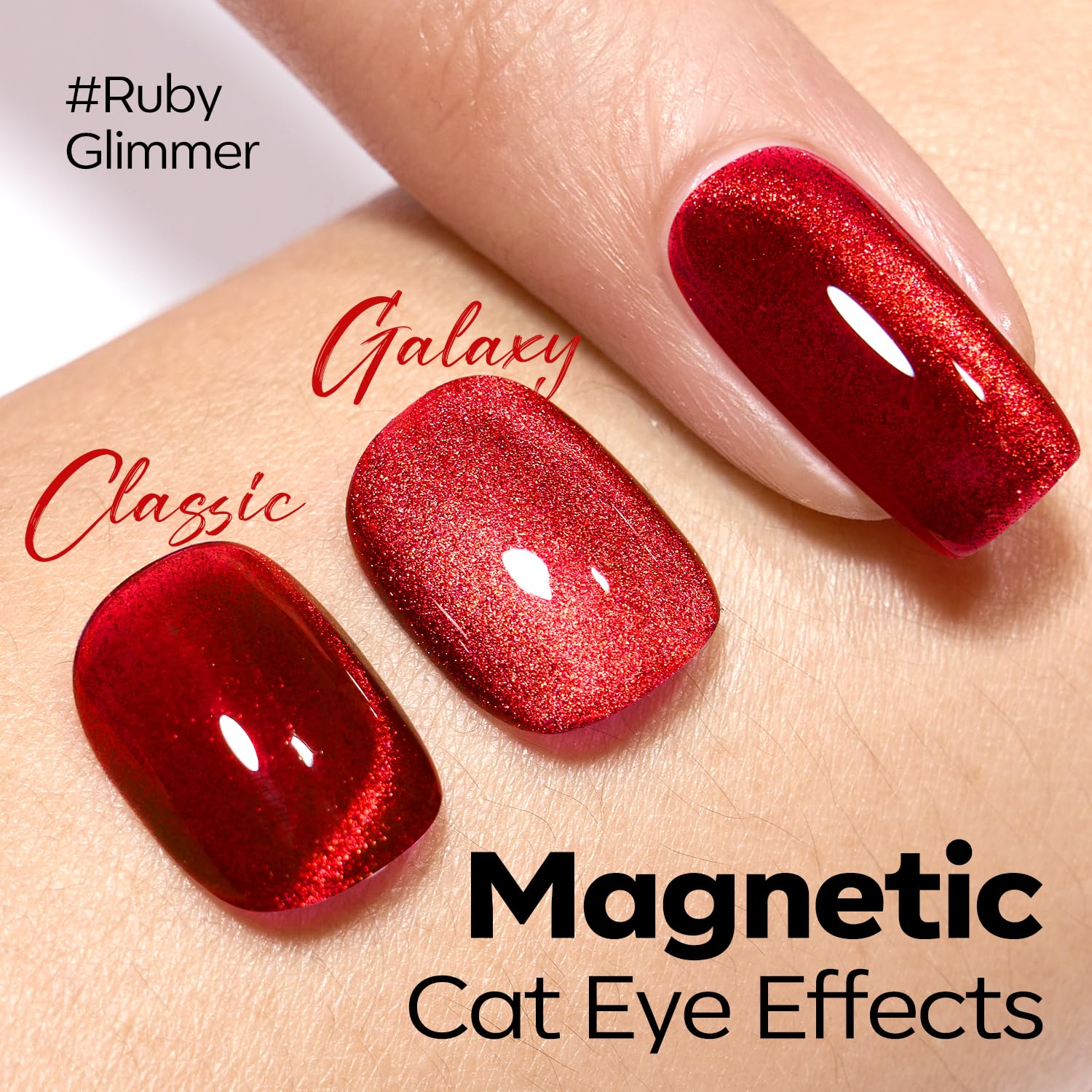 Modelones vernis gel rouge holographique, oeil-chat, fini scintillant et vibrant.
