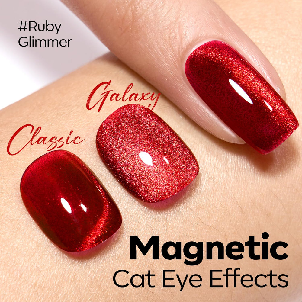 Modelones vernis gel rouge holographique, oeil-chat, fini scintillant et vibrant.