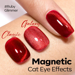 Modelones vernis gel rouge holographique, oeil-chat, fini scintillant et vibrant.