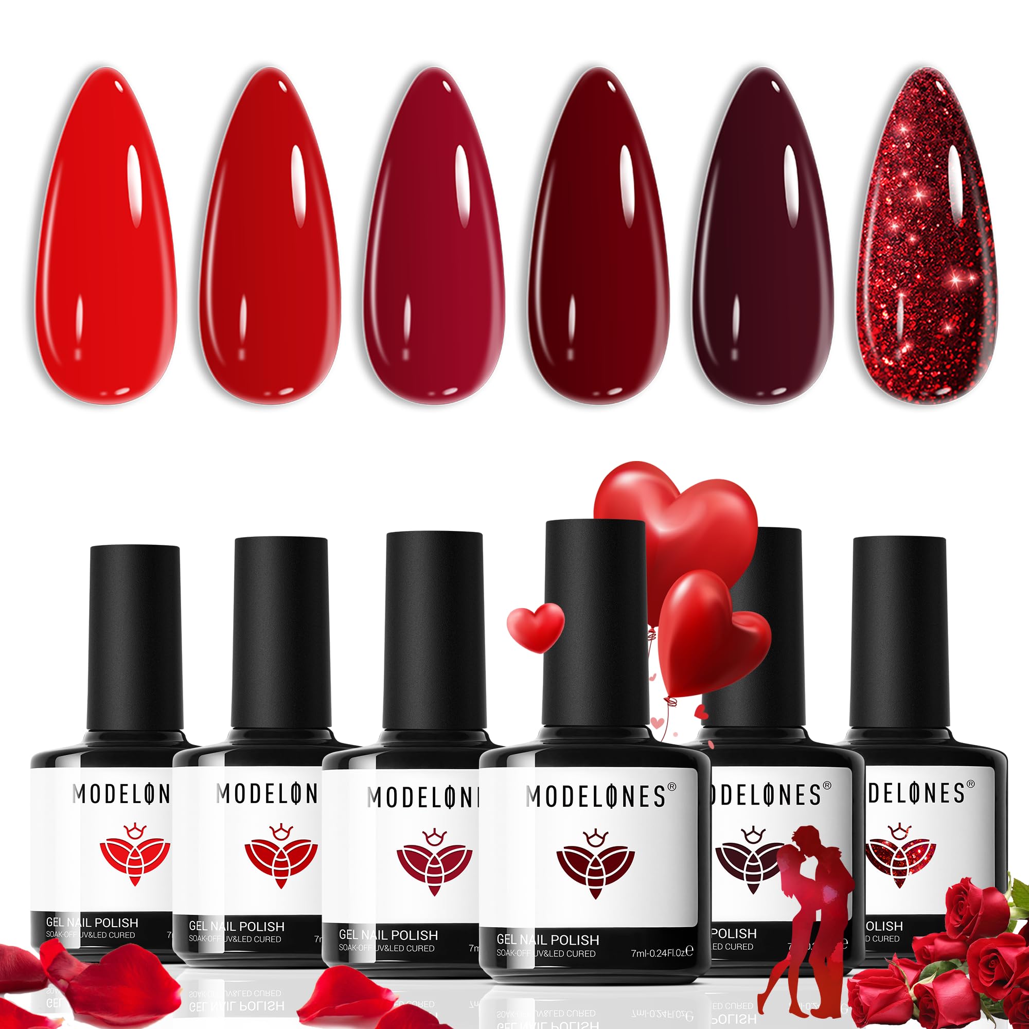 Modelones Gel Vernis Kit: ensemble de 6 rouges pour une manucure élégante à domicile.