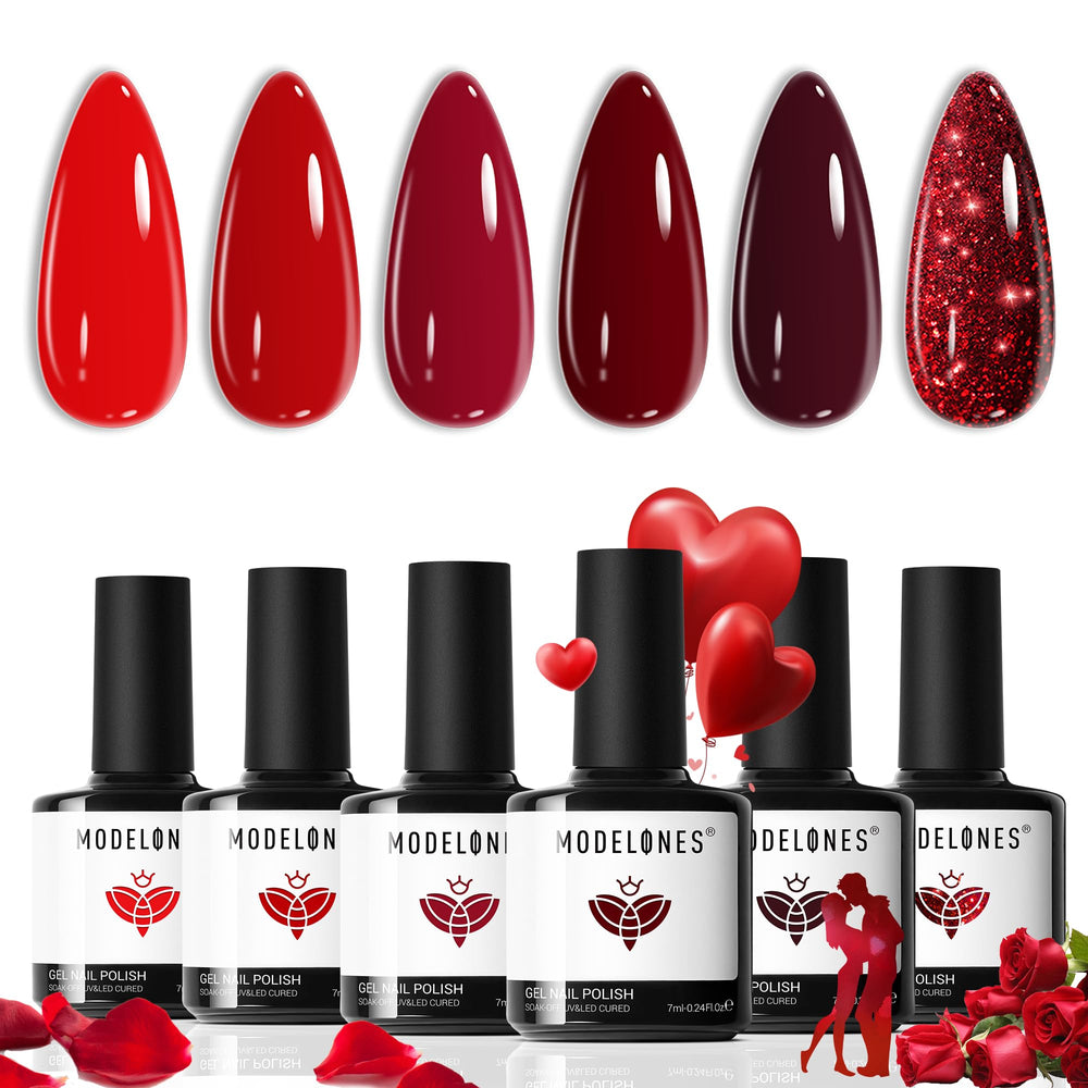 Modelones Gel Vernis Kit: ensemble de 6 rouges pour une manucure élégante à domicile.