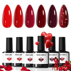 Modelones Gel Vernis Kit: ensemble de 6 rouges pour une manucure élégante à domicile.