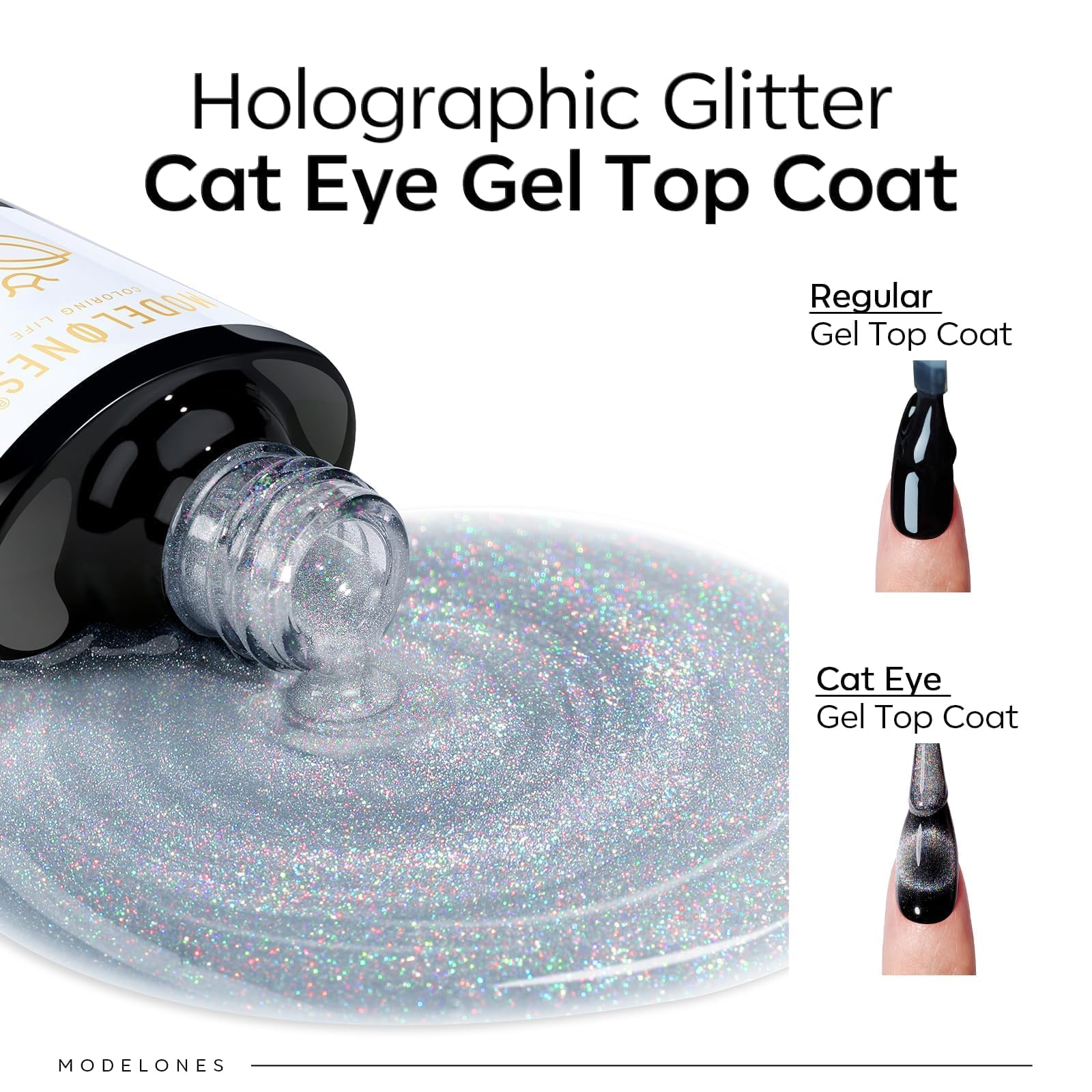 Modelones glitter 9D sur vernis gel clair offrant brillance durable et moderne