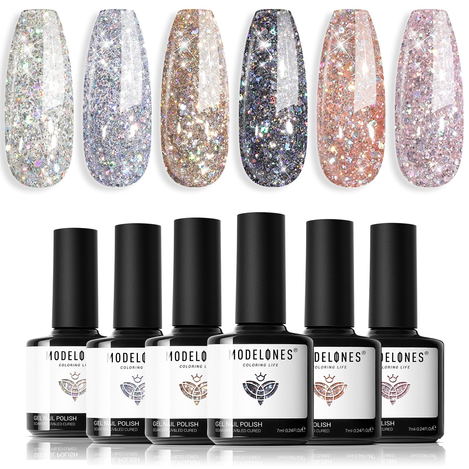 Modelones Glitter Gel Vernis Ensemble, collection scintillante pour une manucure à domicile élégante.
