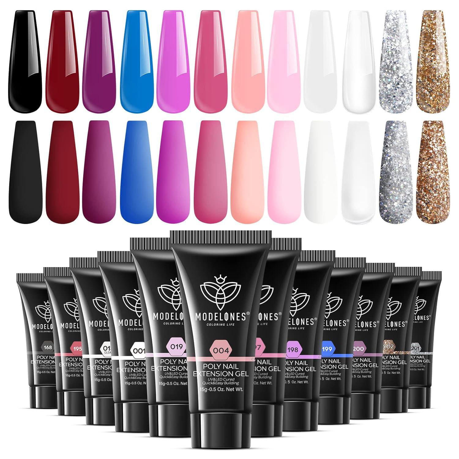 Modelones kit gel poly extension 12 couleurs – palette polyvalente pour nail art varié.